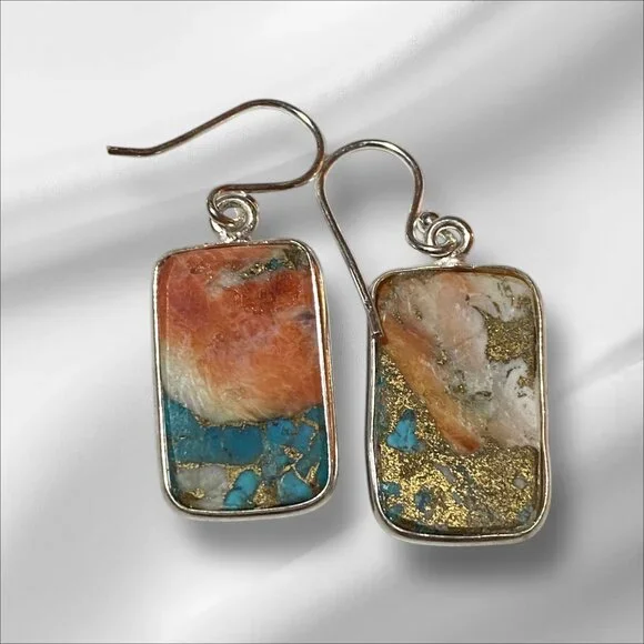 NEW Spiney Oyster Turquoise Sterling Silver Dangle Earrings - Picture 3 of 4
